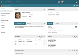 Screenshot der Vivendi NG KiTa Software – Klientenansicht mit Stammdaten, Angehörigen, Merkmalen und Bereichszuordnung eines Kita-Kindes.
